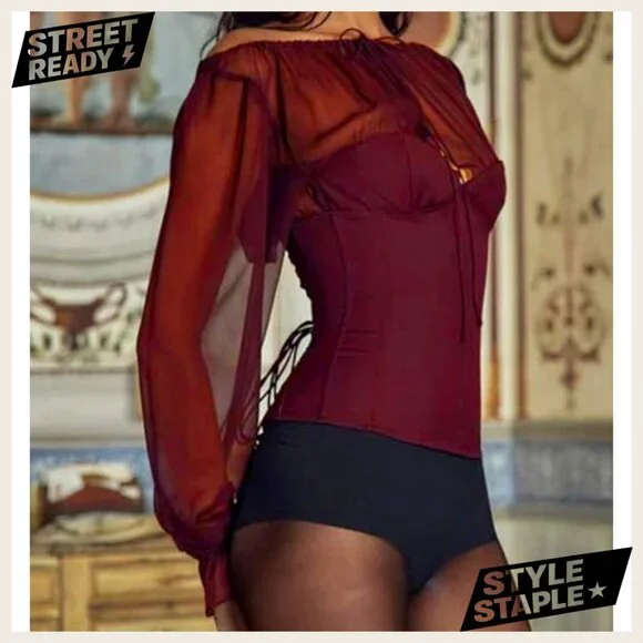 Large Polyester Corset Top with Sheer Long Sleeves Tie Front Blouse